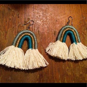 Macrame rainbow earrings blue gold beautiful new
